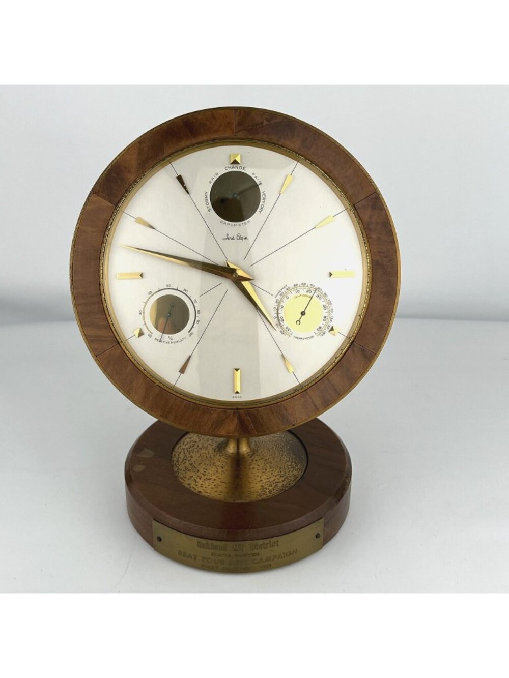 1965 MCM Lord Elgin Wood and Brass Pedestal Clock Weather Works Sales Award